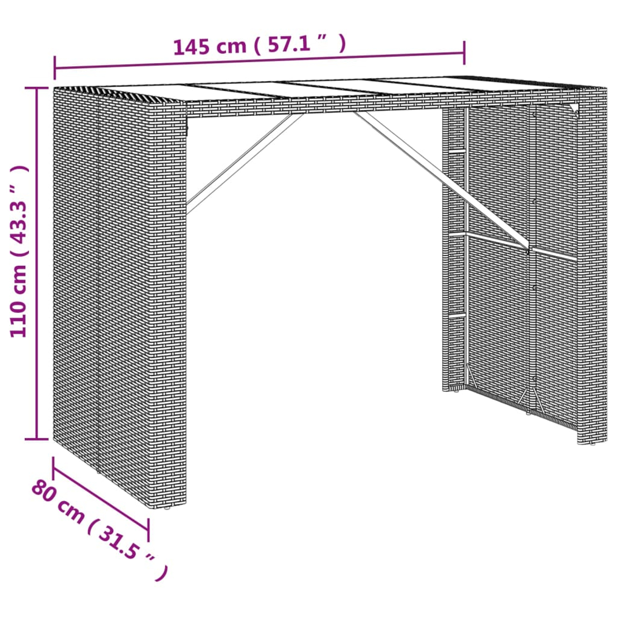 Bartisch aus Rattan mit Maßen. Er hat eine Oberseite und ein unteres Regal.