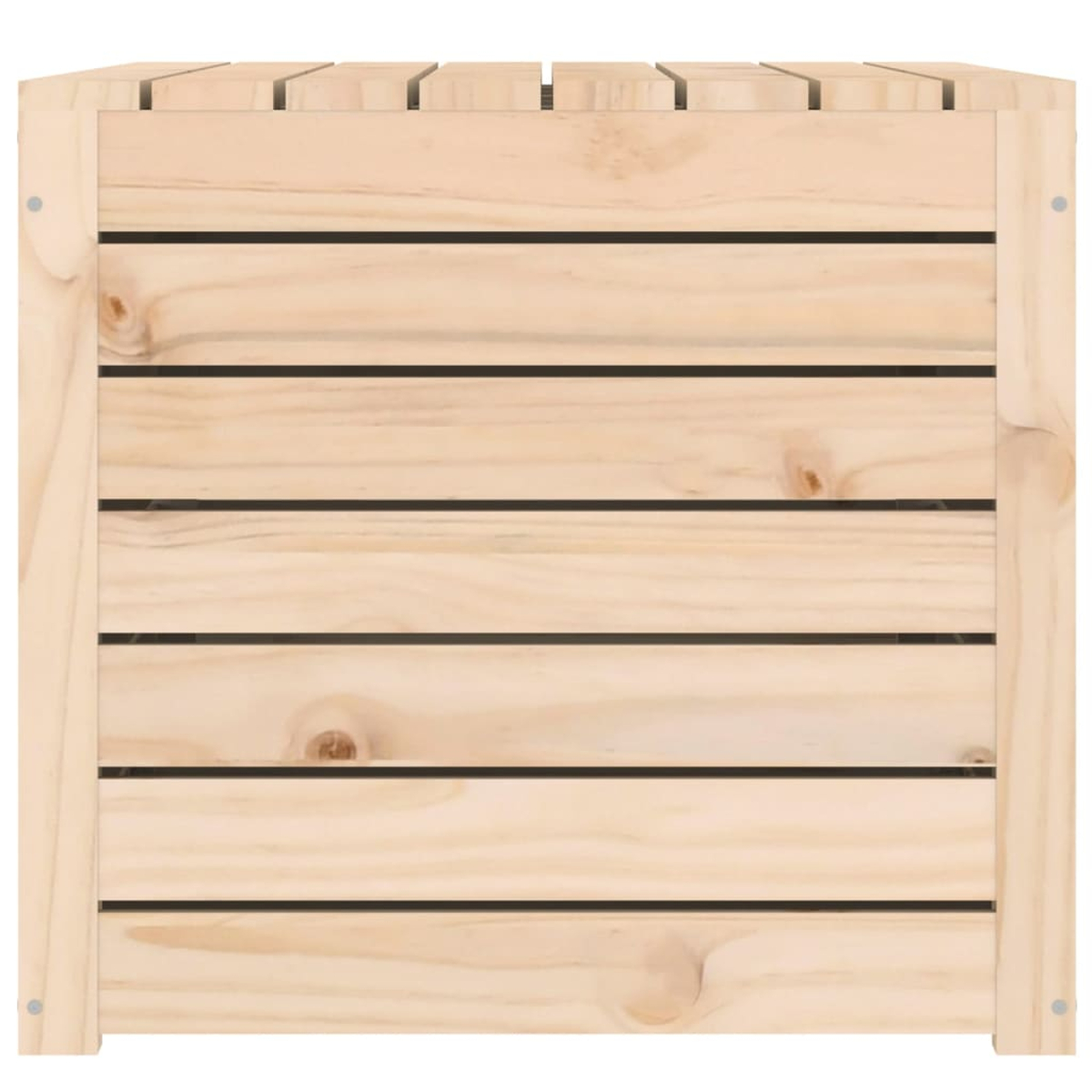 Quadratische Holzkiste mit horizontalen Lamellen. Die Kiste wird von oben betrachtet.