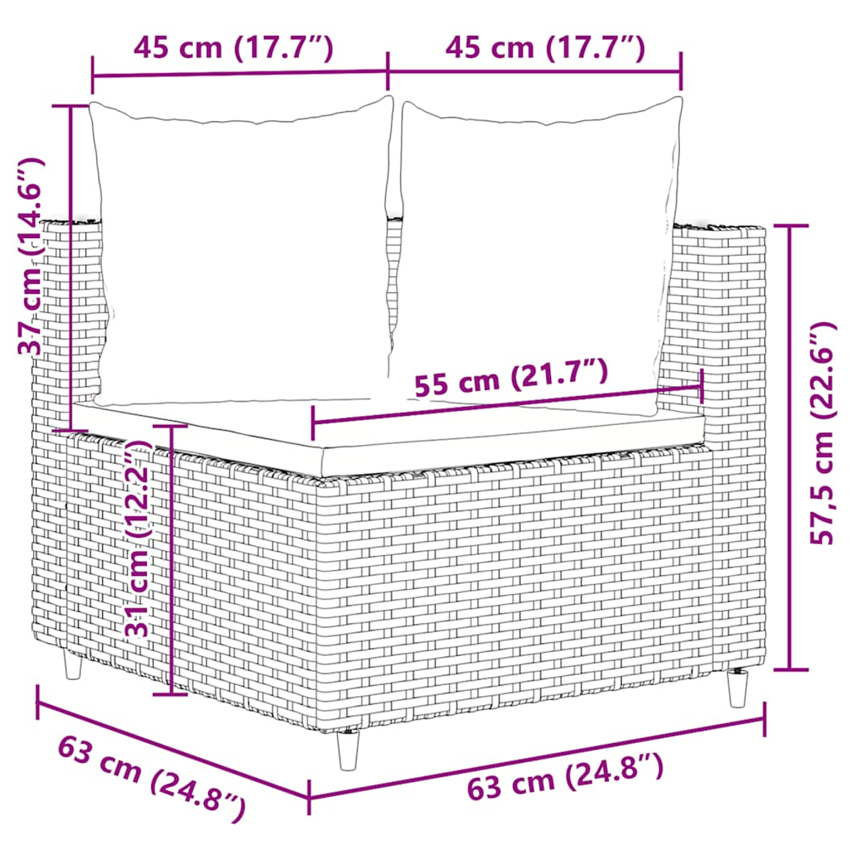 Poltrona angolare in vimini con dimensioni espresse in cm.
