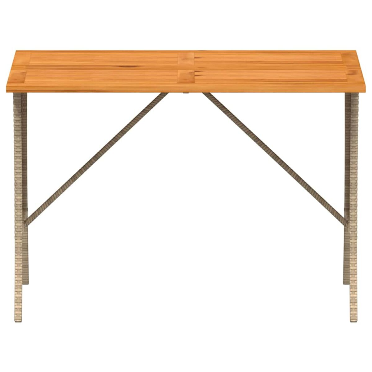 Tavolo rettangolare in legno con piano marrone chiaro e gambe beige intrecciate, isolato su sfondo bianco.