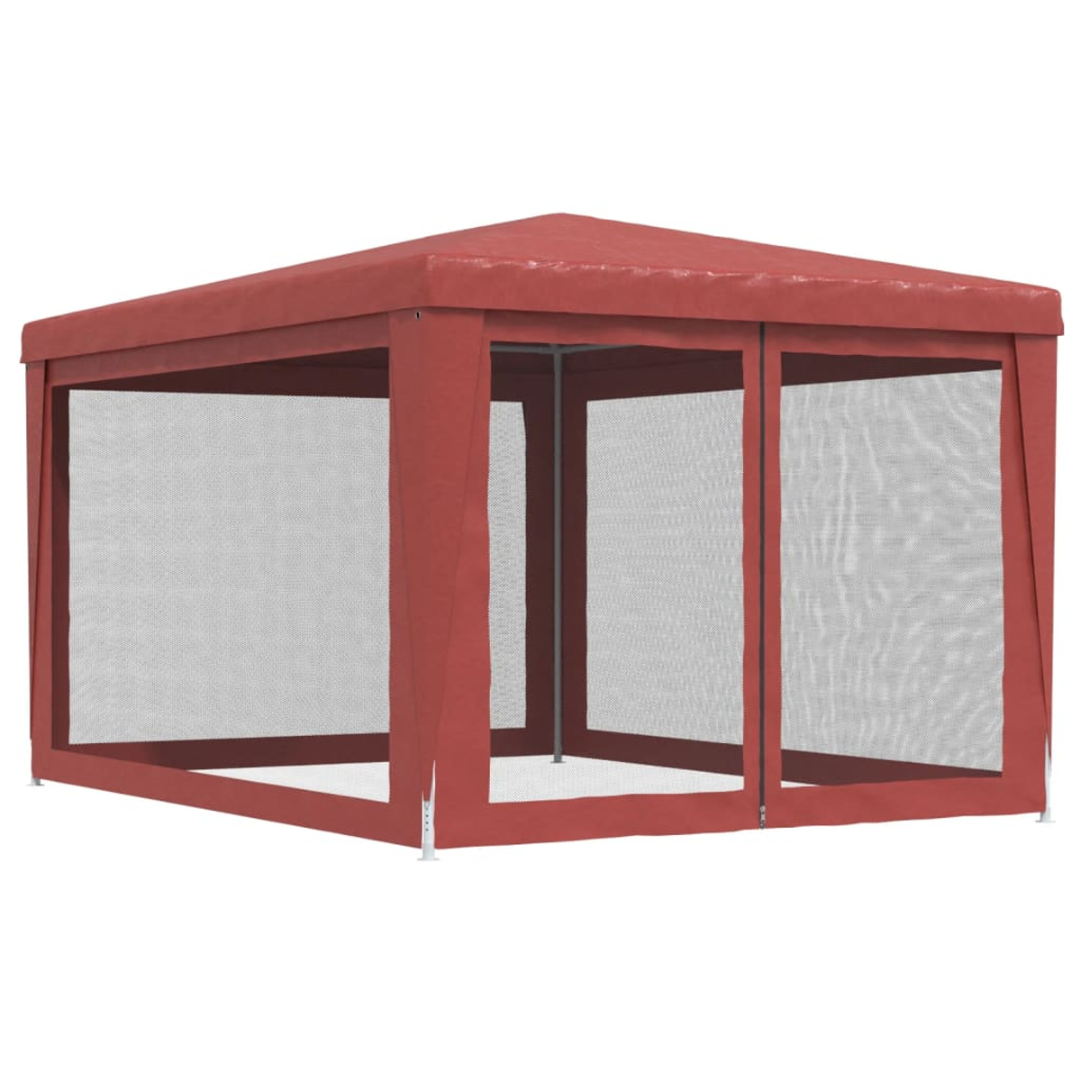 Roter Outdoor-Pavillon mit Netzseiten, vorne offen.