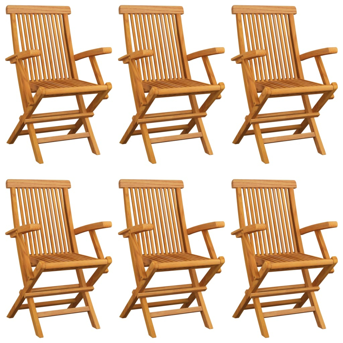 Sechs Holzklappstühle sind in zwei Reihen angeordnet, jeder mit einer Lamellenlehne und Armlehnen, vor weißem Hintergrund.