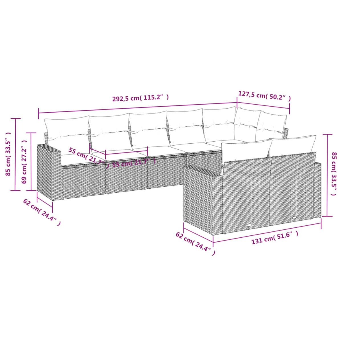 Diagramm eines U-förmigen Outdoor-Sofas. Die Abmessungen werden in Zentimetern und Zoll angezeigt.