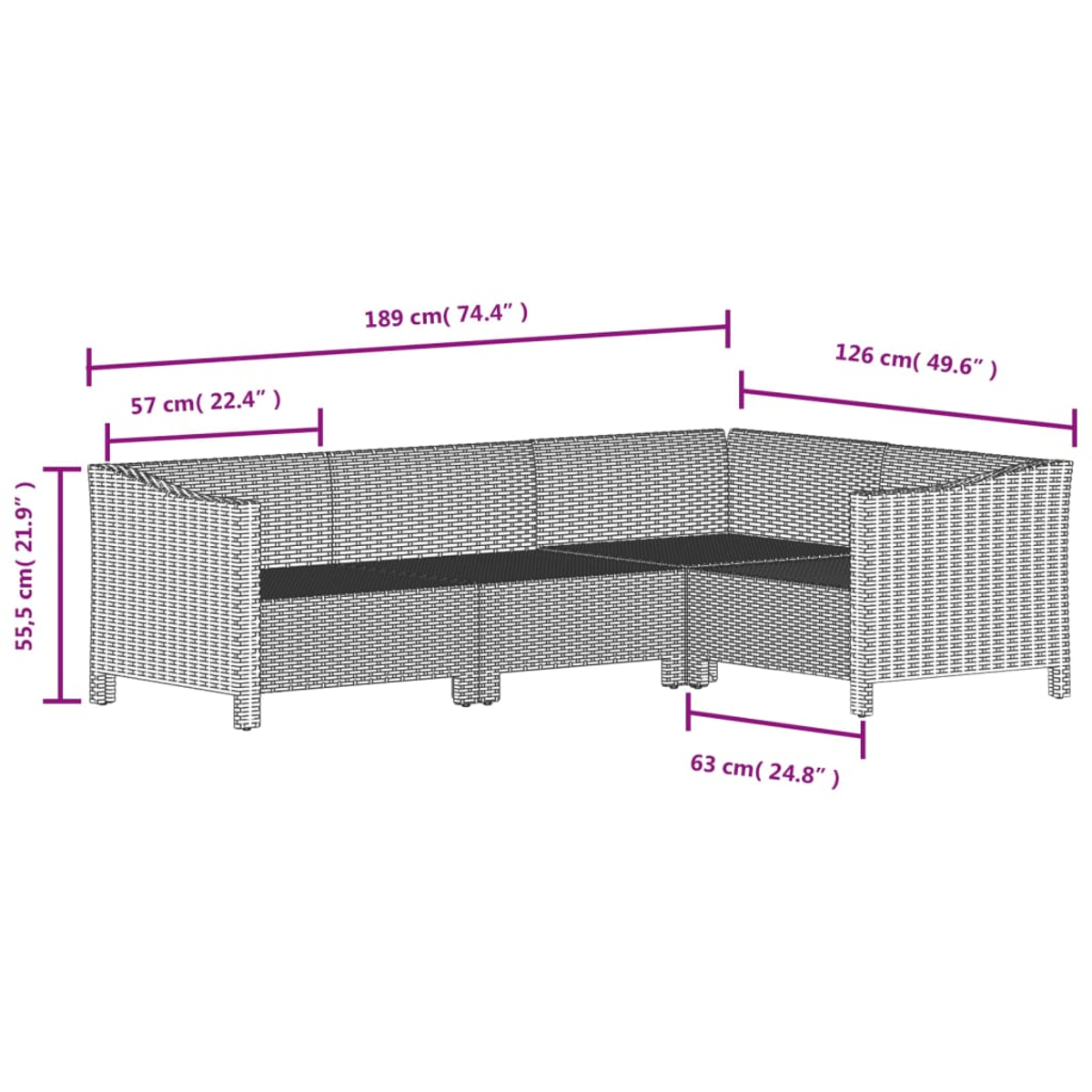 Ecksofa aus Webstoff, grau. Maße: 189x126x55,5 cm.