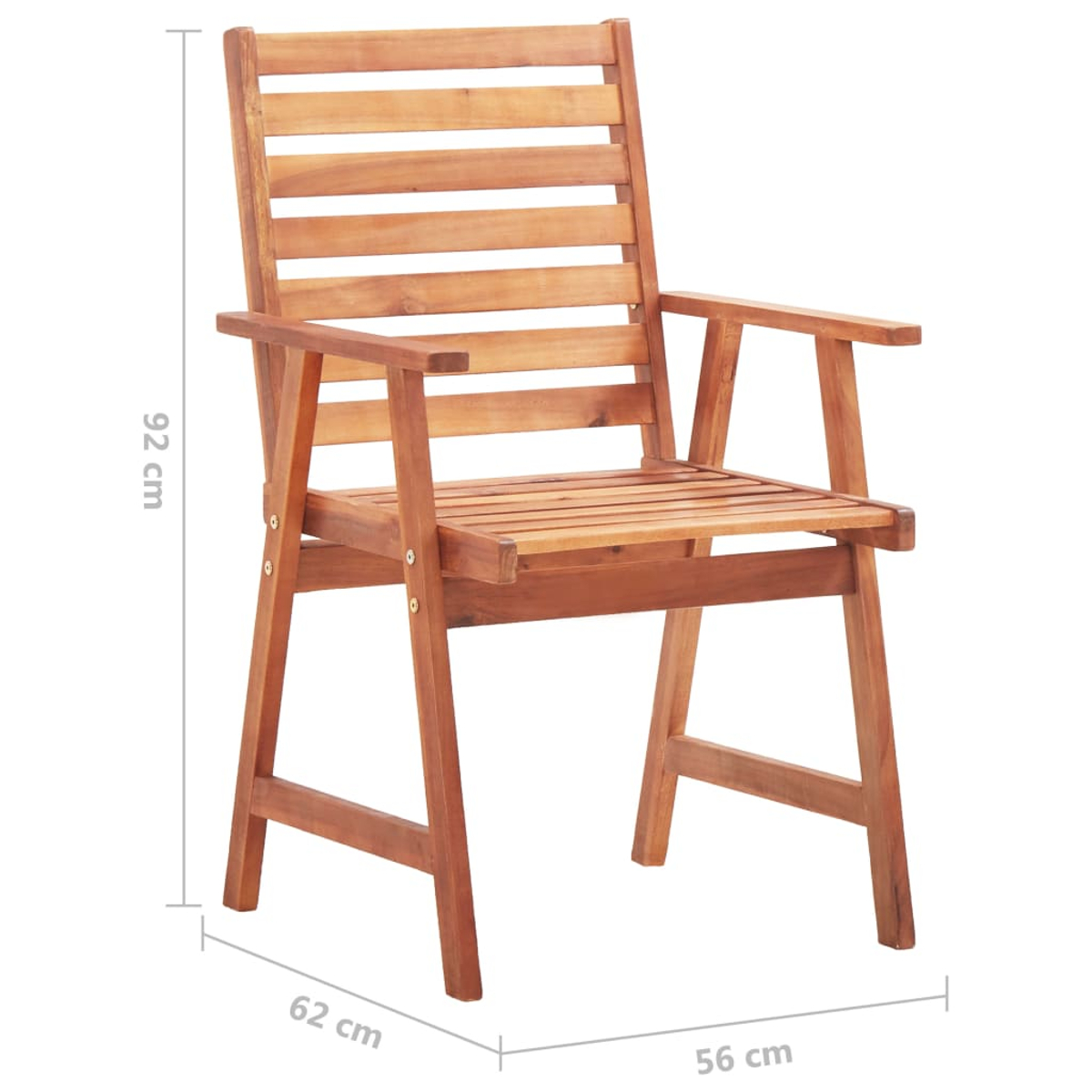 Holz-Außenstuhl mit Maßen. Braunes Holz mit horizontalen Lamellen.
