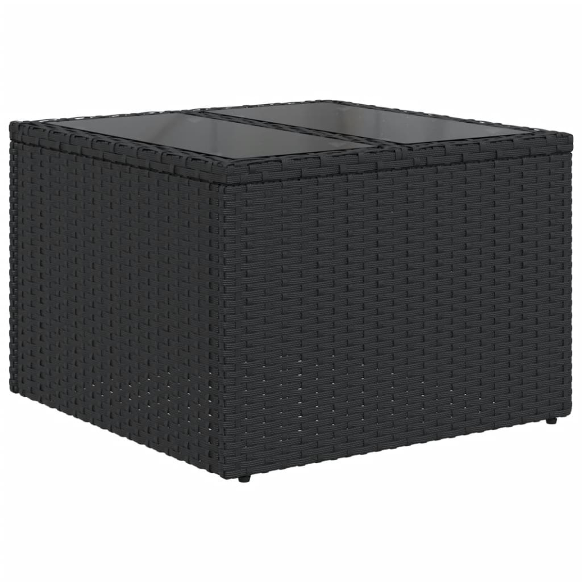 Una mesa cuadrada negra de material tejido con tapa de cristal, sobre fondo blanco.