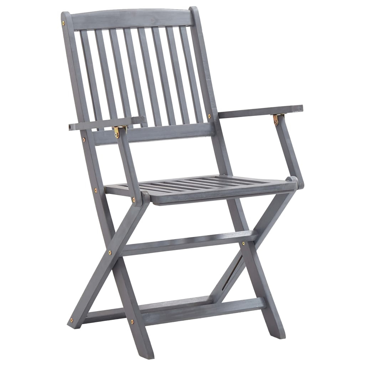 Grauer Holzklappstuhl. Lattenrost Sitz und Rückenlehne, Armlehnen, einfaches Design, gefaltet.