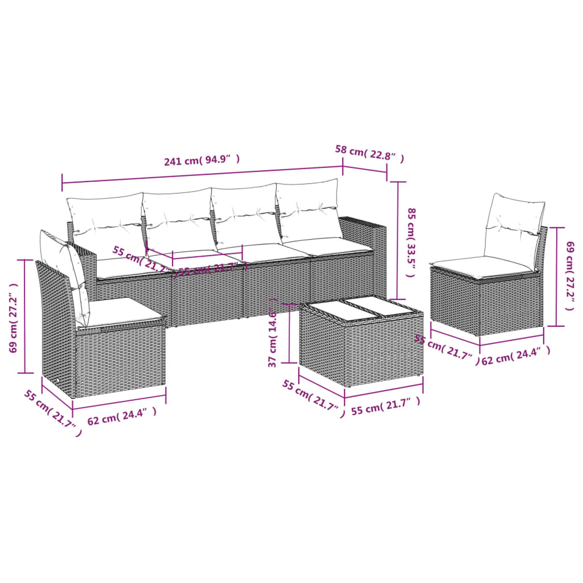 Diagramma di un set di divani da esterno con dimensioni. Mobili in stile rattan, sfondo bianco.