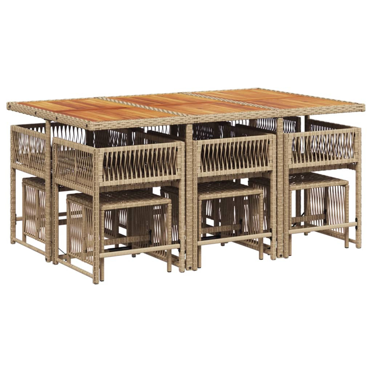 Un set da pranzo da esterno in rattan beige con tavolo e sedie su sfondo bianco.
