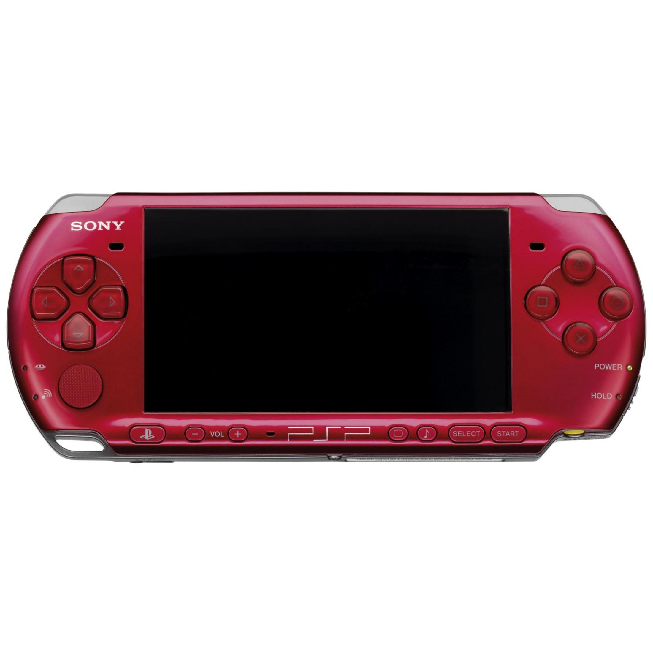 Eine rote Sony PSP Handheld-Spielkonsole mit Knöpfen und einem Bildschirm.