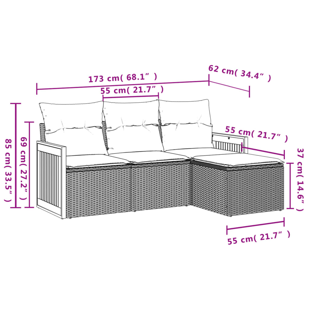 Ein Korsofa mit Chaiselongue. Mit grauen Kissen und Holzakzenten.