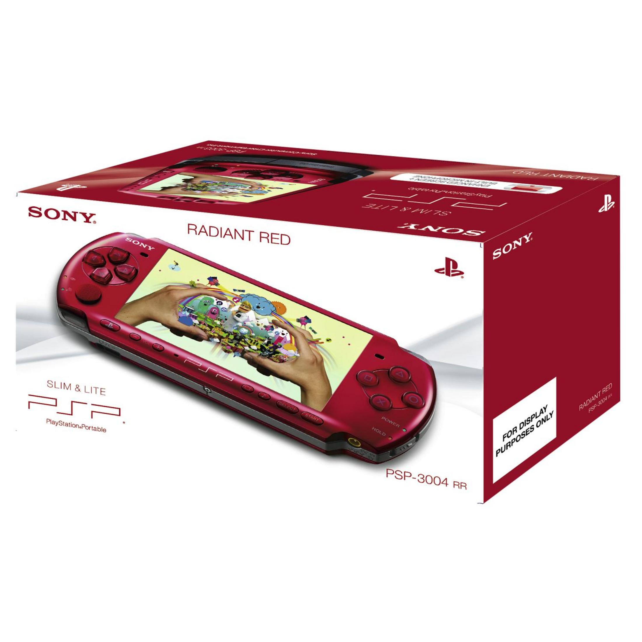 Eine rote PSP-Konsole mit einem auf dem Bildschirm angezeigten Spiel und der Box.