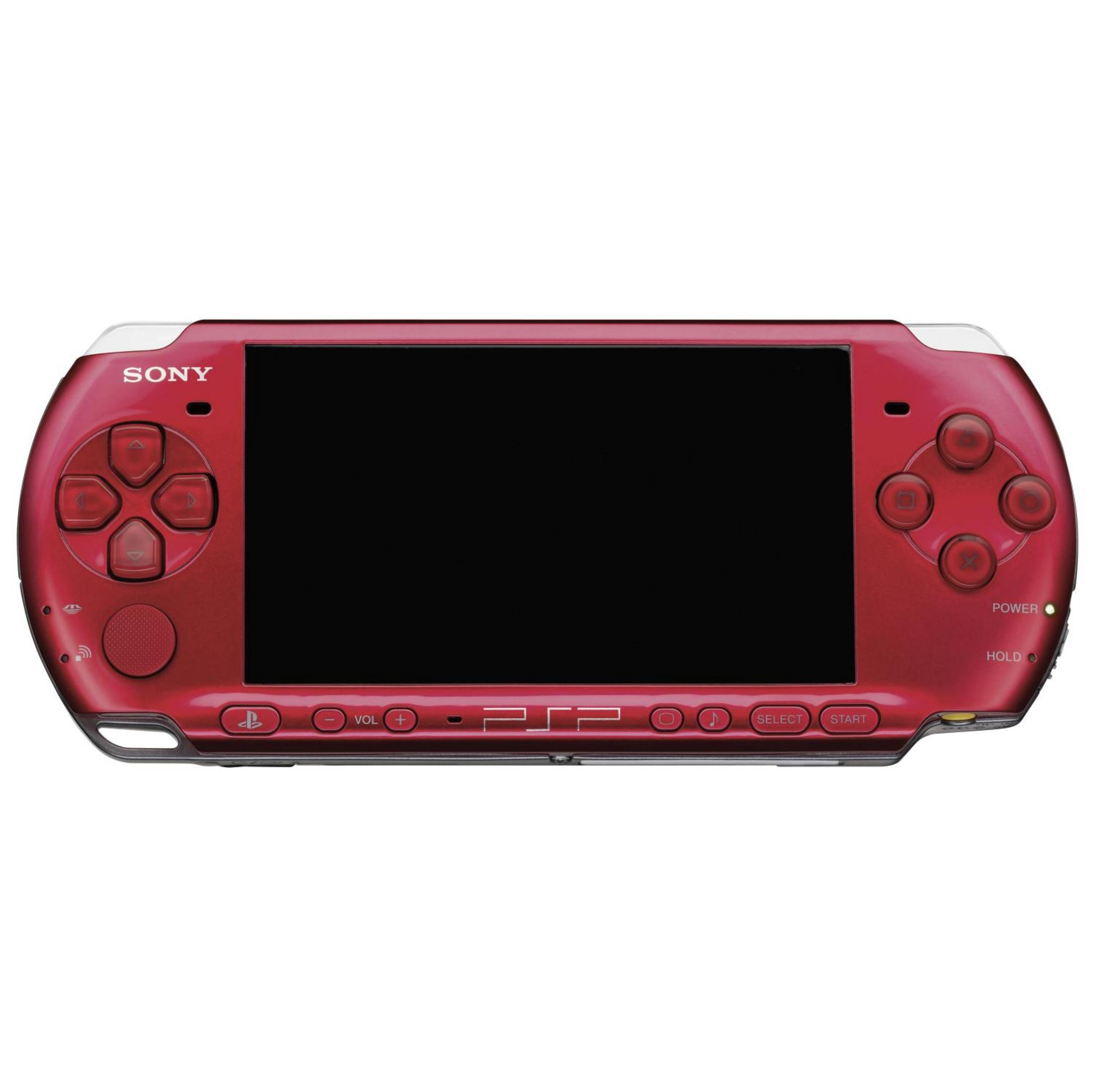 Eine rote PSP-Konsole. Der Bildschirm ist schwarz. Tasten sind sichtbar.