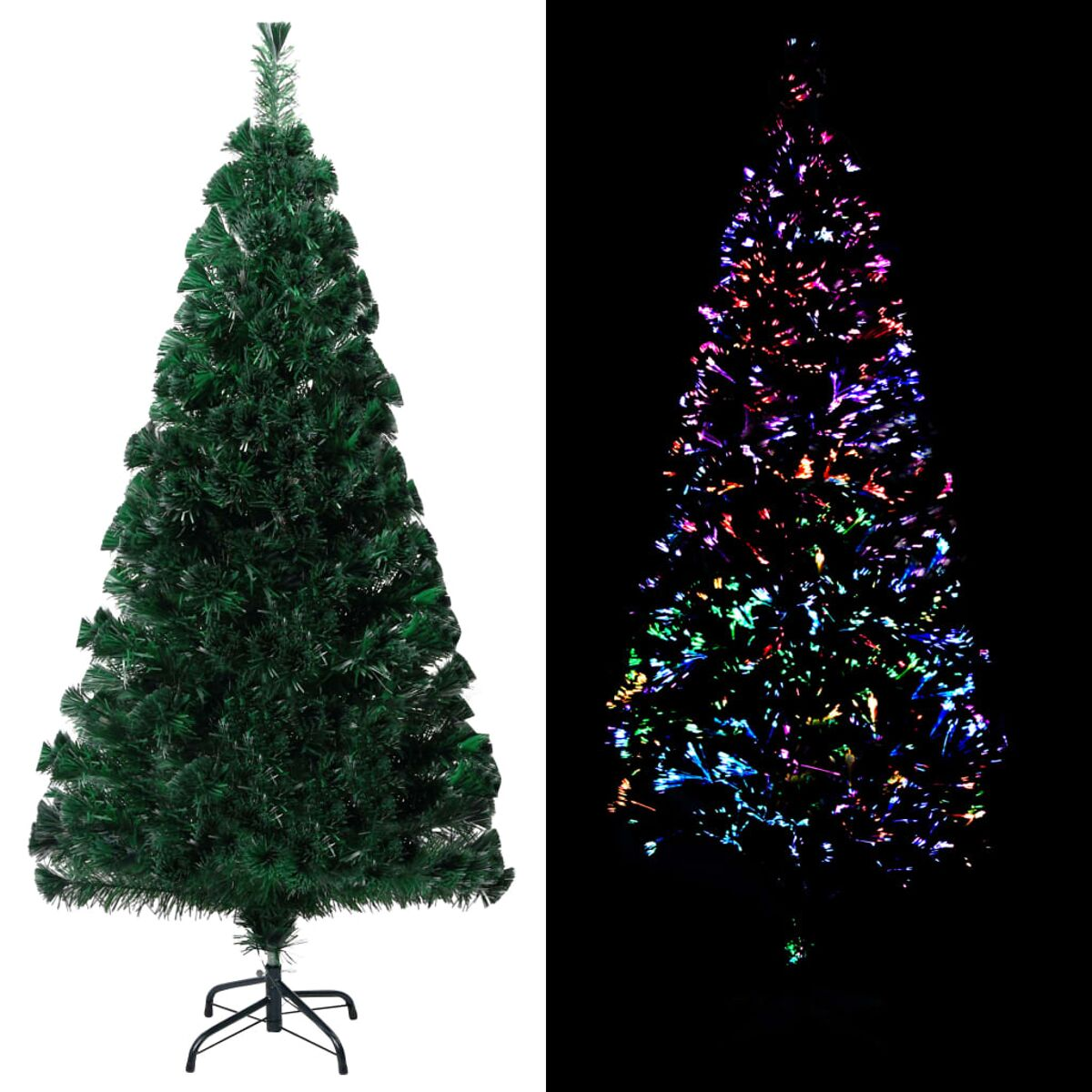 Zwei Weihnachtsbäume: einer grün, der andere mit bunten Lichtern. Weißer Hintergrund.