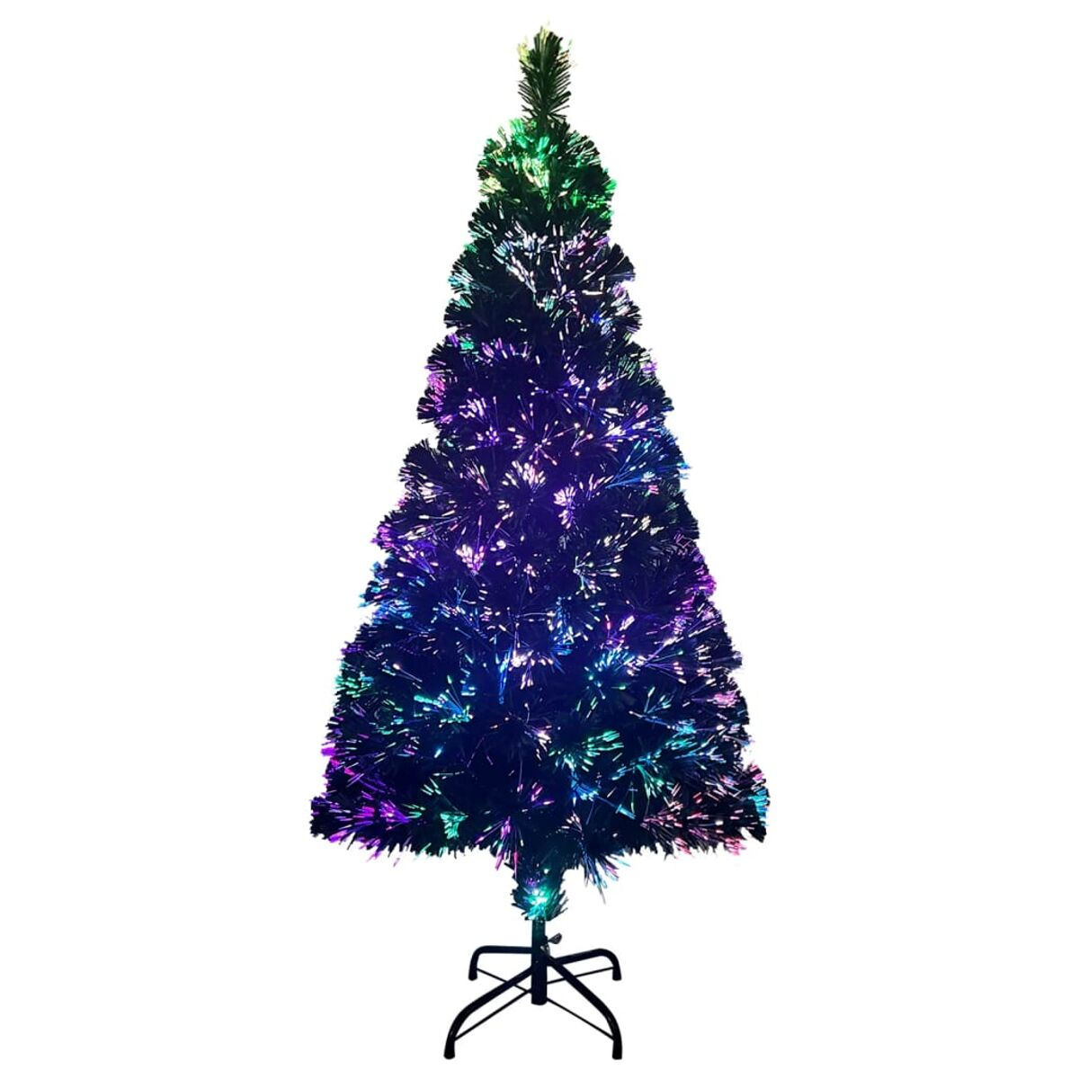 Ein schwarzer Weihnachtsbaum mit bunten Lichtern. Er steht vor weißem Hintergrund.