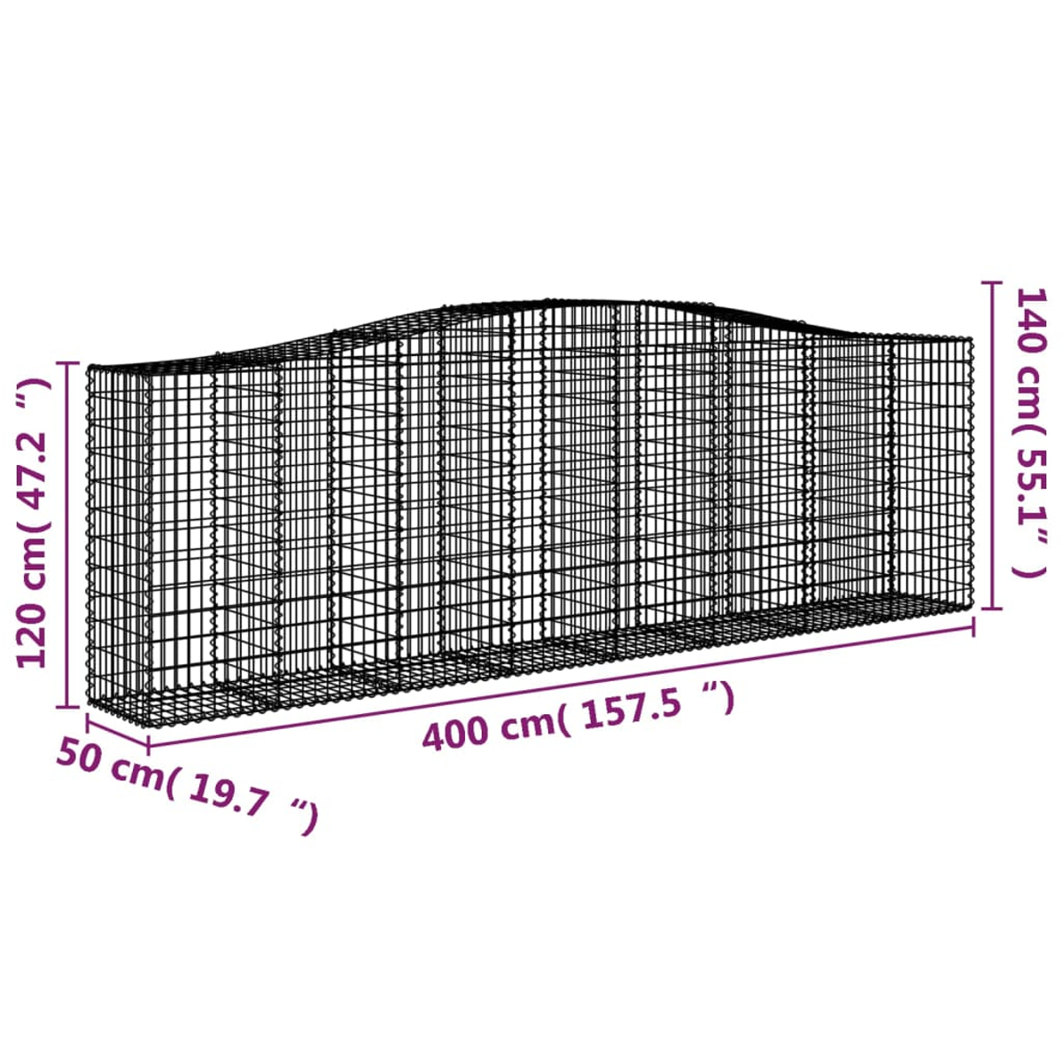 Drahtgittermodell eines Gabions. Es ist eine lange, rechteckige Struktur mit Abmessungen.