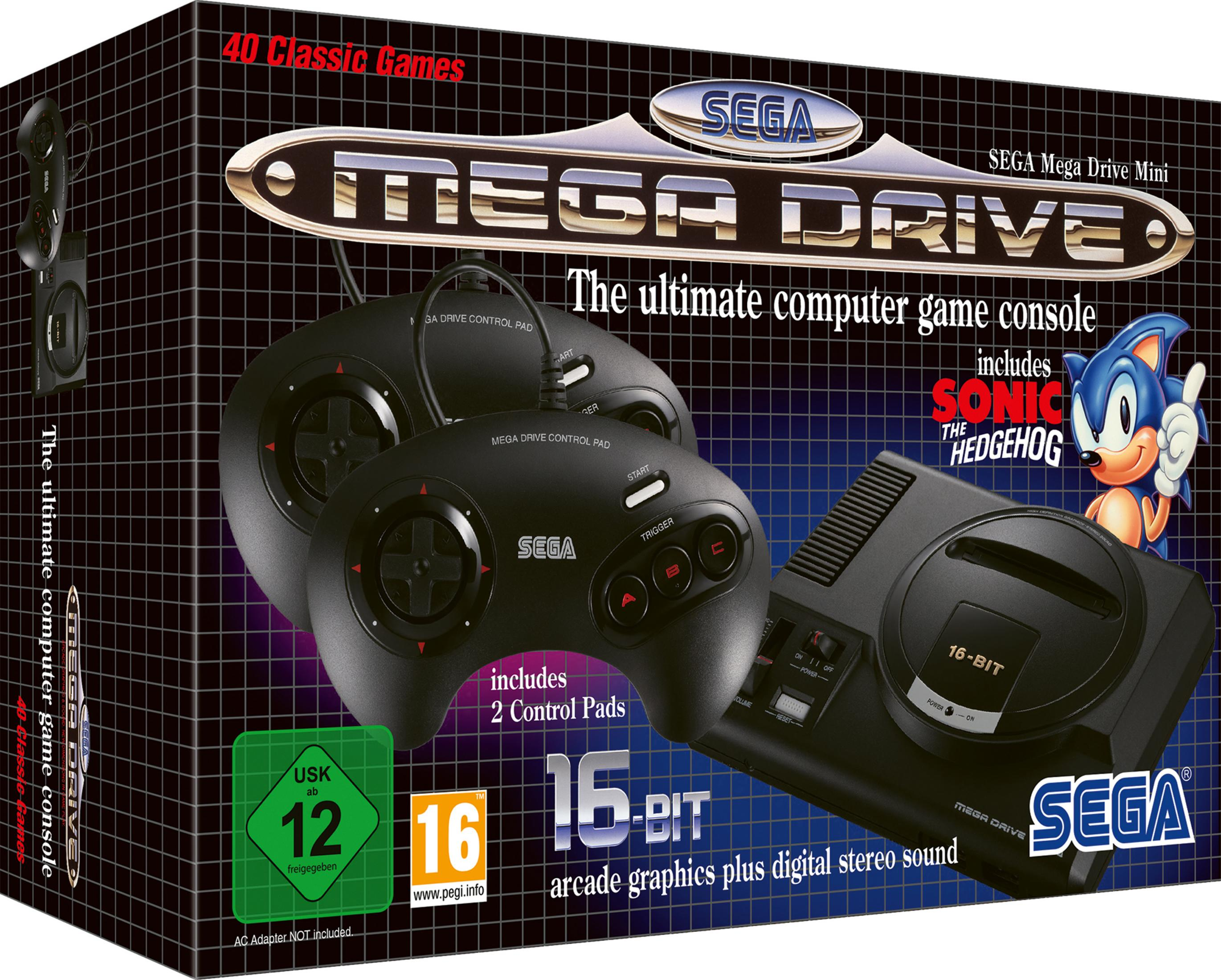 Sega Mega Drive Mini Box mit Konsole, zwei Controllern und Sonic the Hedgehog Grafik.