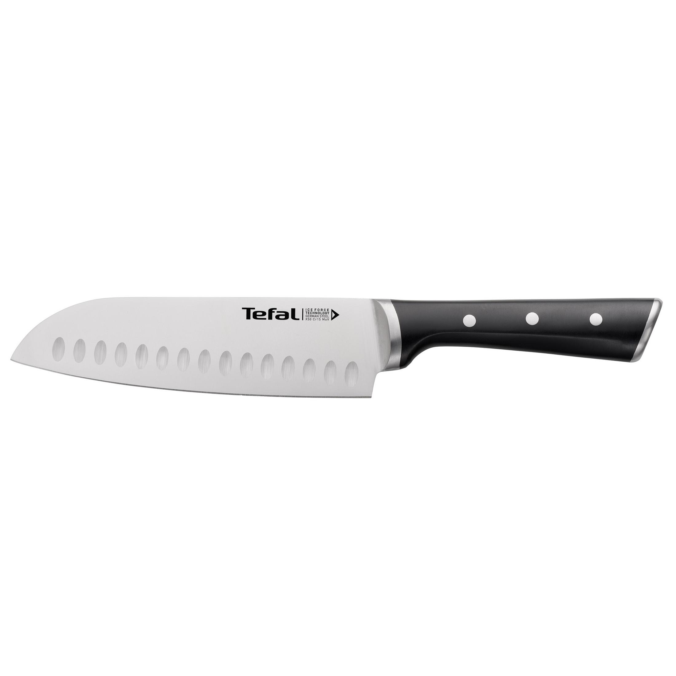 Ein Tefal Kochmesser mit schwarzem Griff ist abgebildet. Der Hintergrund ist weiß.
