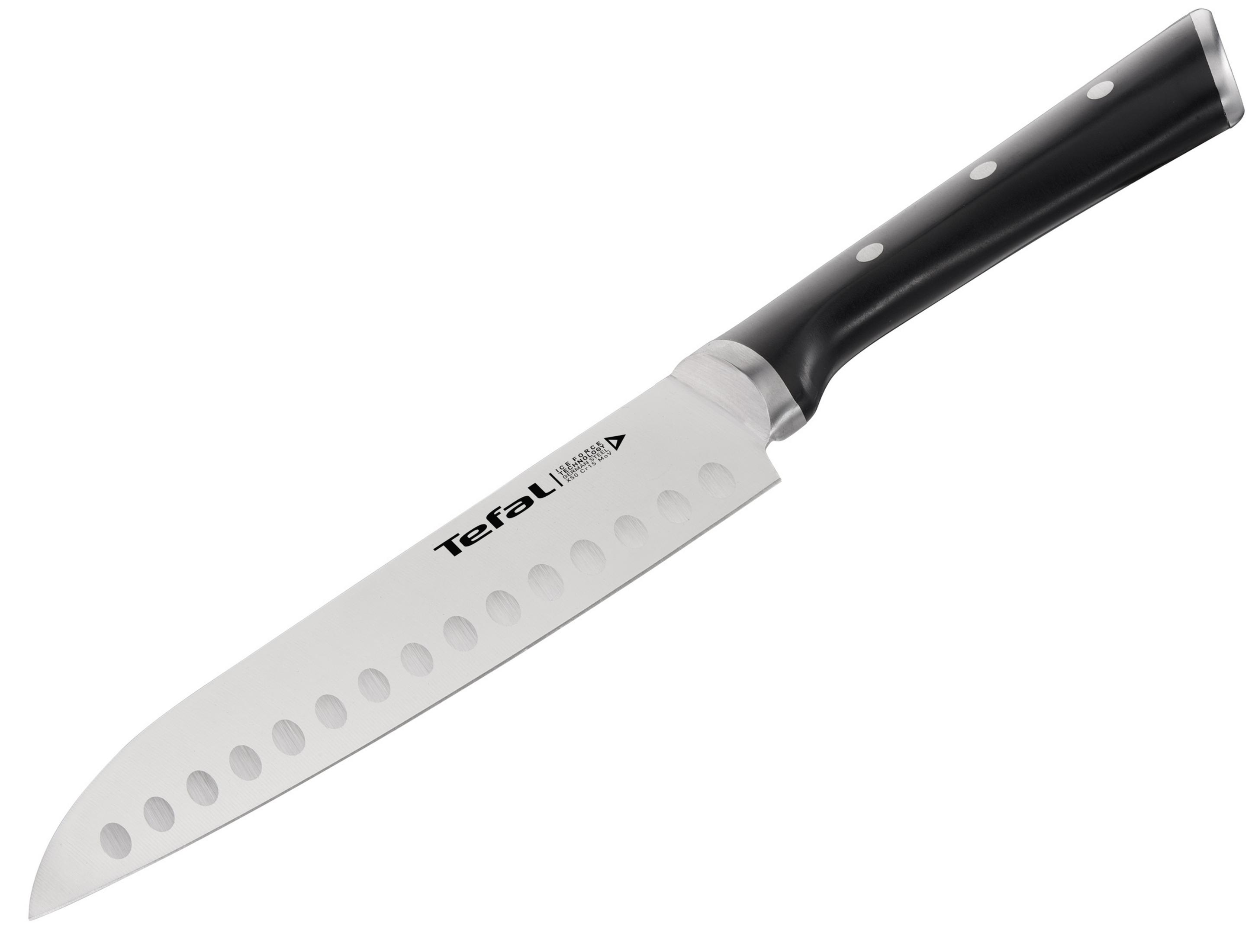 Ein Tefal-Messer, weiße Klinge mit schwarzem Griff. Die Klinge ist abgewinkelt und hat Löcher.