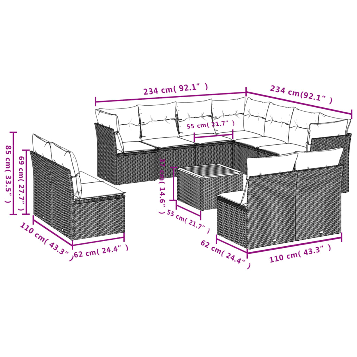 Set patio in rattan a forma di U con dimensioni etichettate su sfondo bianco.