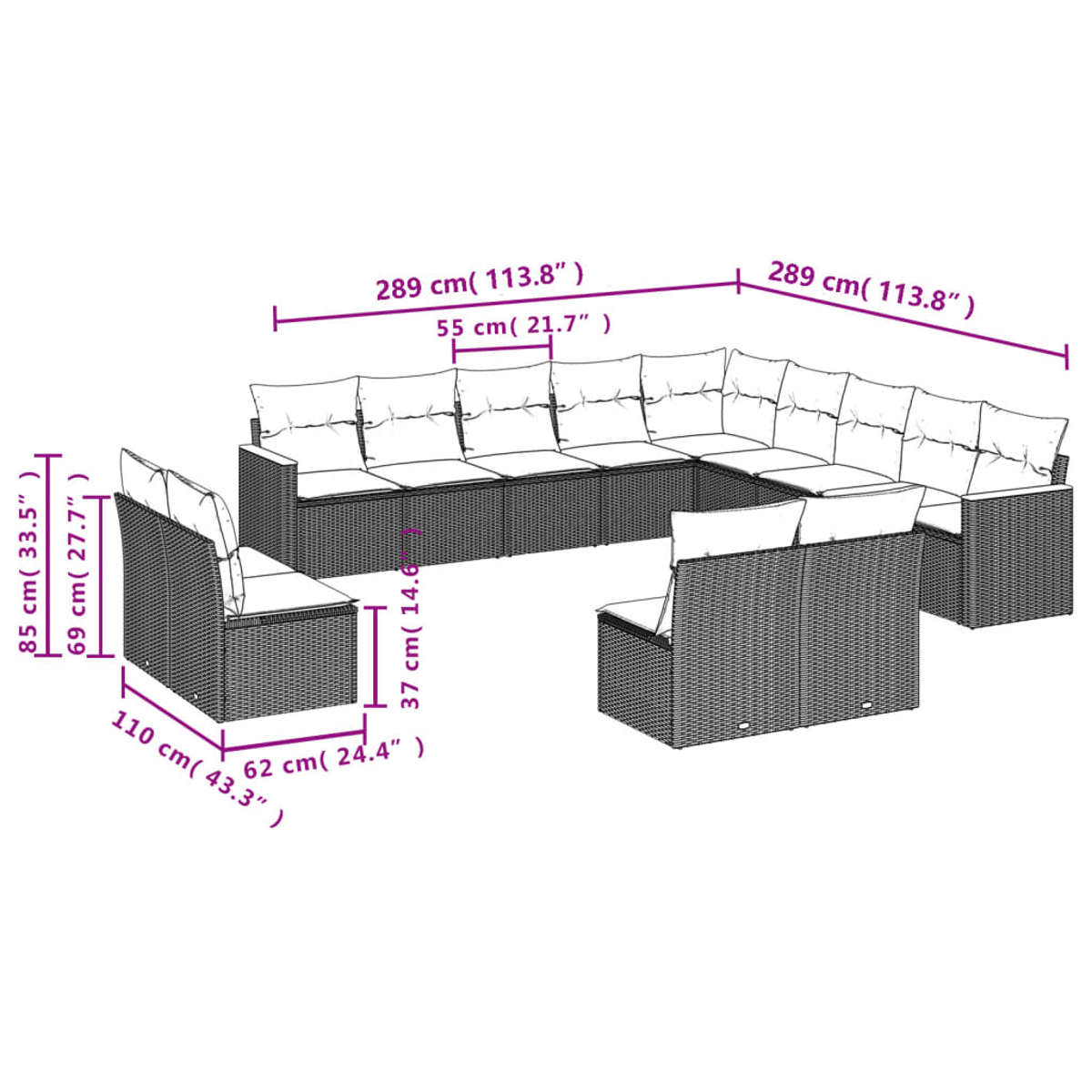 Rattansofa-Set im Freien. Abmessungen gezeigt. Weiße Kissen, dunkler Rahmen. Anordnung.
