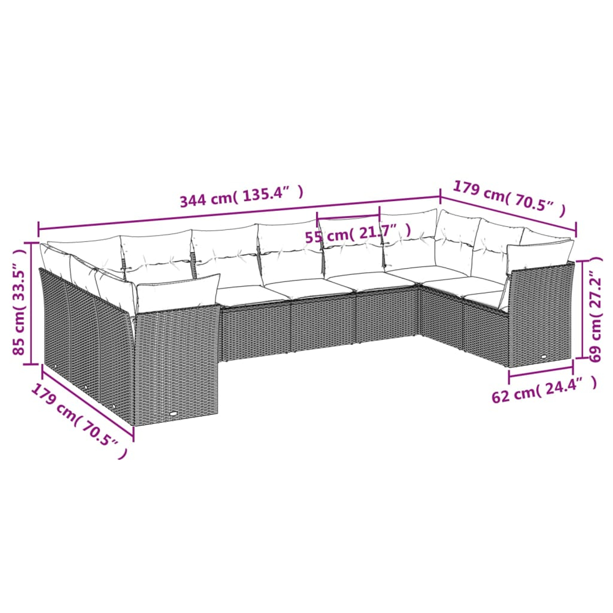 Diagramm eines großen U-förmigen Outdoor-Sofas mit Abmessungen in cm und Zoll.