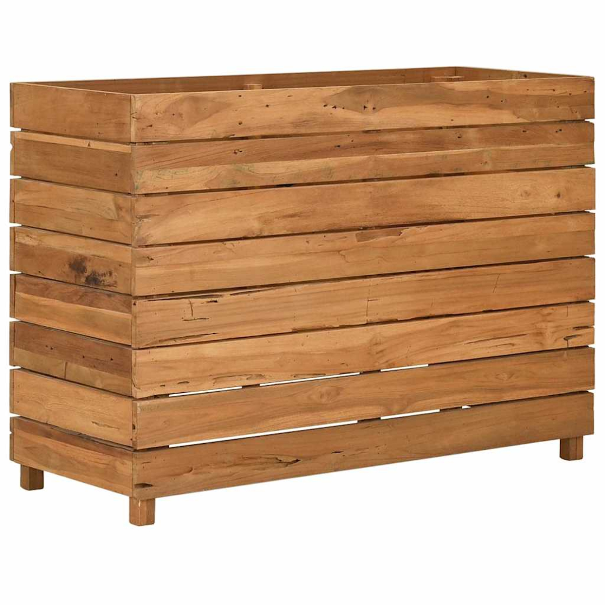 Blumenkasten aus Holz, aus gestapelten Holzbohlen gefertigt.