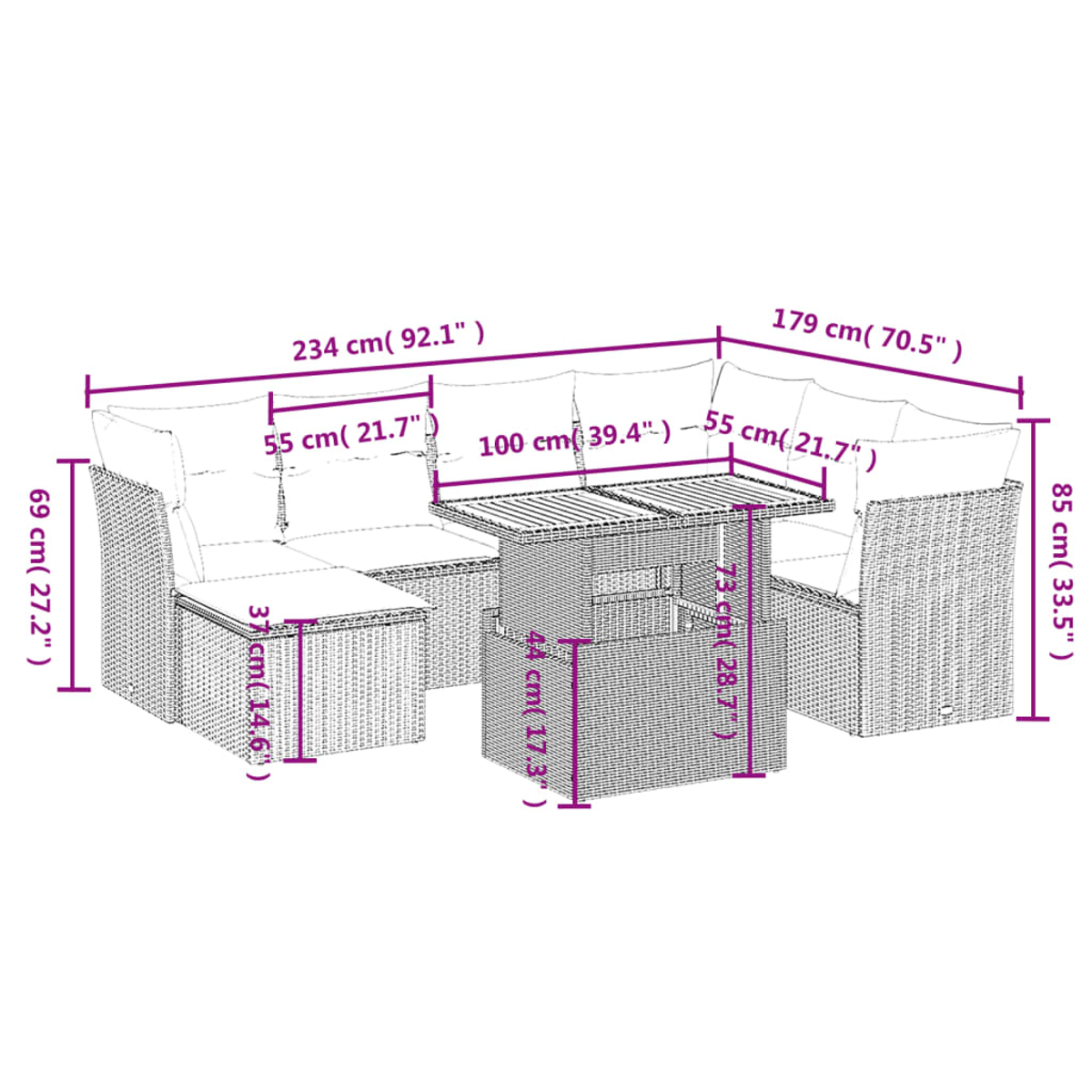 Diagramm eines Ecksofas und Tischsets mit Maßen in Zentimetern und Zoll.