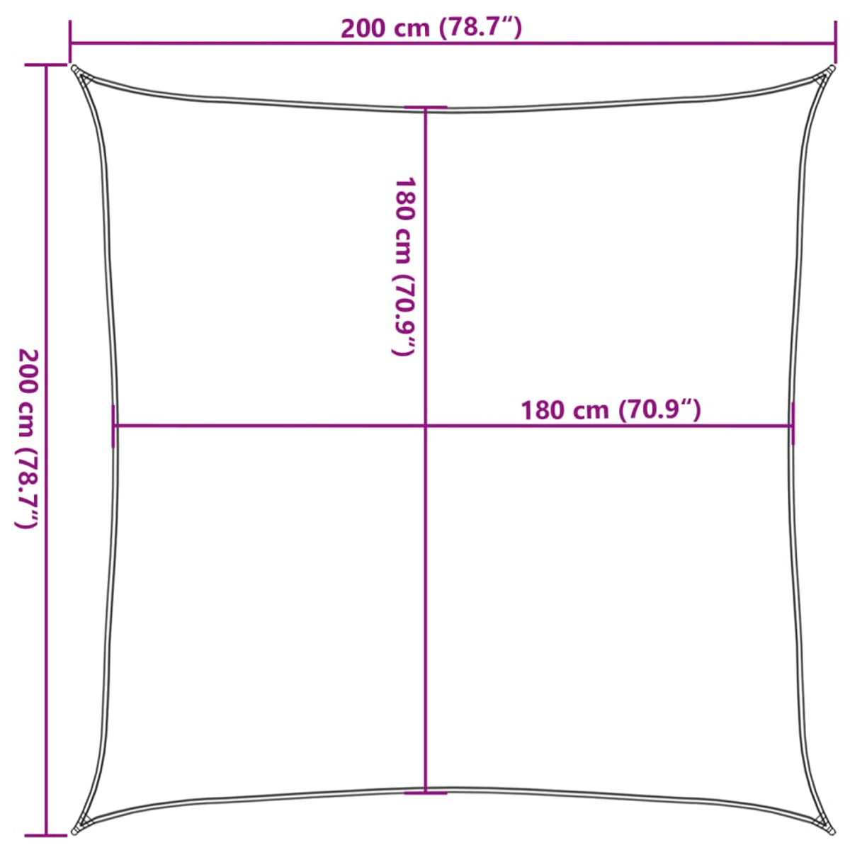 Diagramma di una tenda parasole con misure in centimetri e pollici.