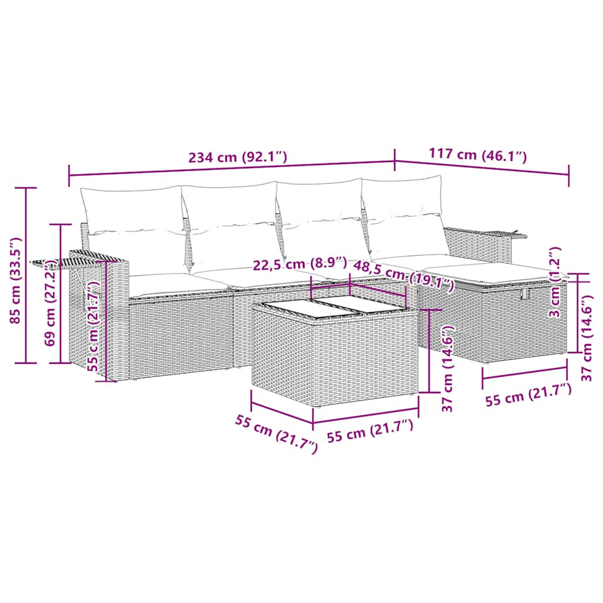 Diagramm eines Korbmöbels mit Tisch.