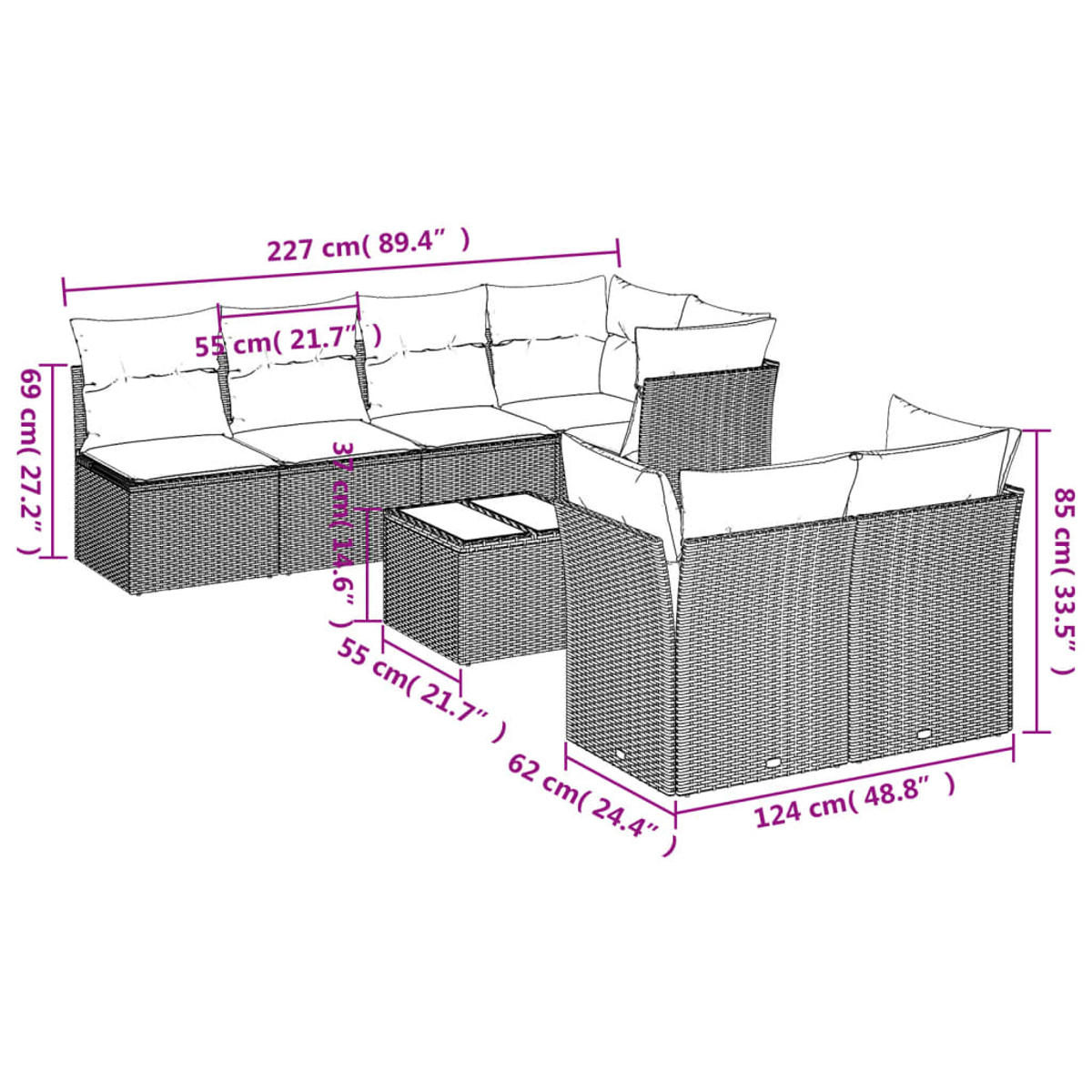 Diagramma di un set di mobili da esterno in vimini con dimensioni. Include un divano, una sedia e un tavolo.