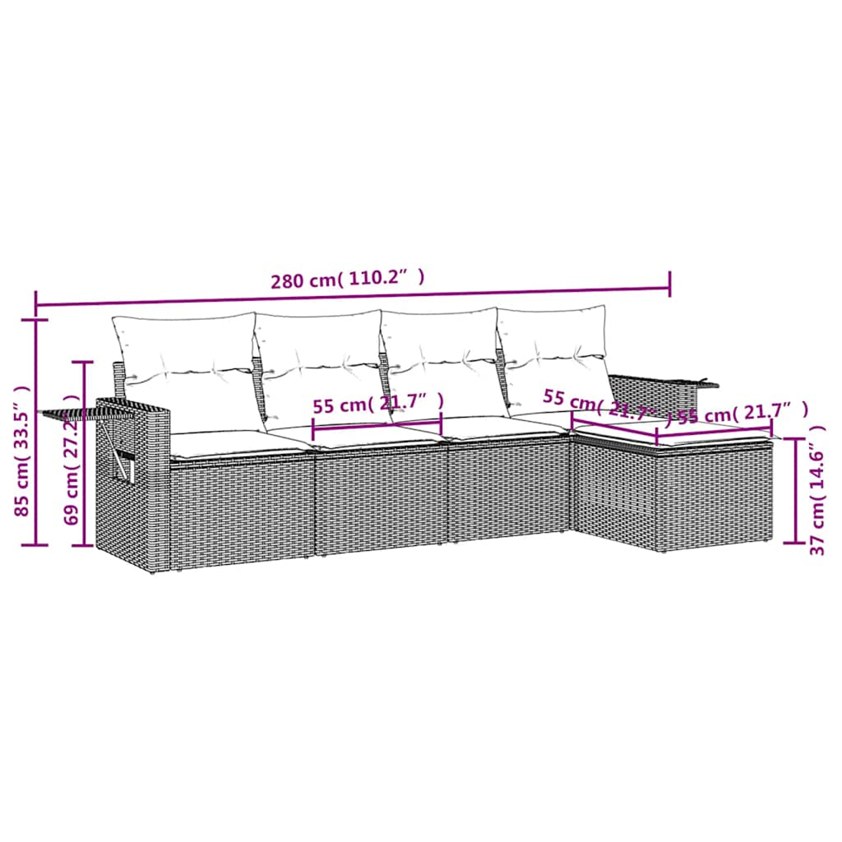 Diagramm eines Korbmöbels mit Abmessungen.