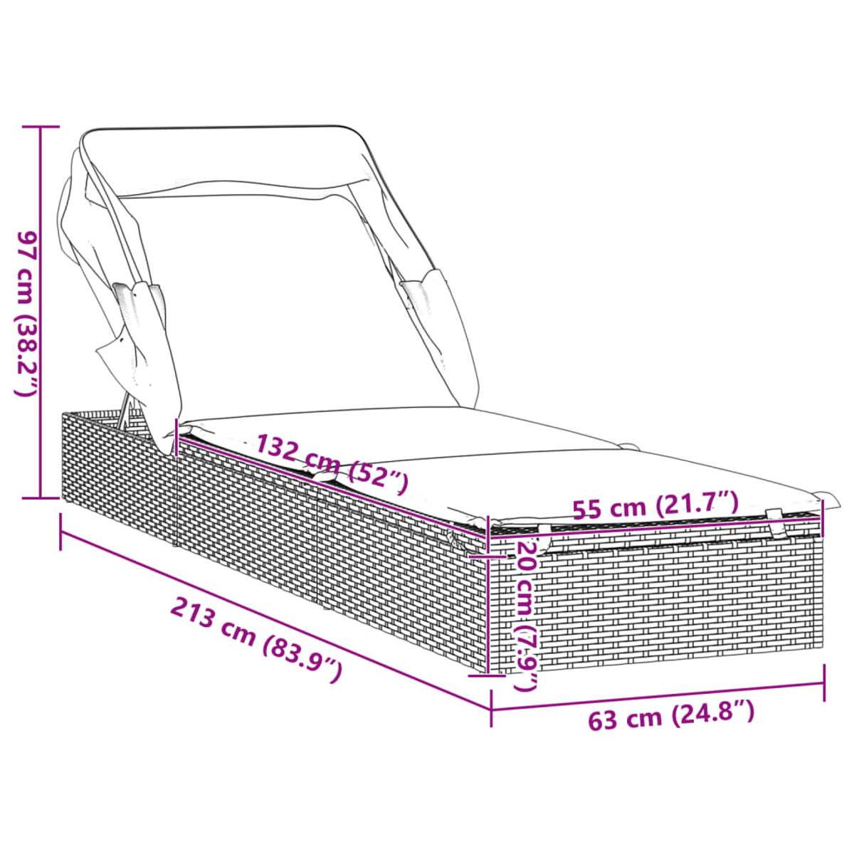 Diagramm einer schwarzen Outdoor-Liege aus Korbgeflecht mit Abmessungen in Zentimetern und Zoll.