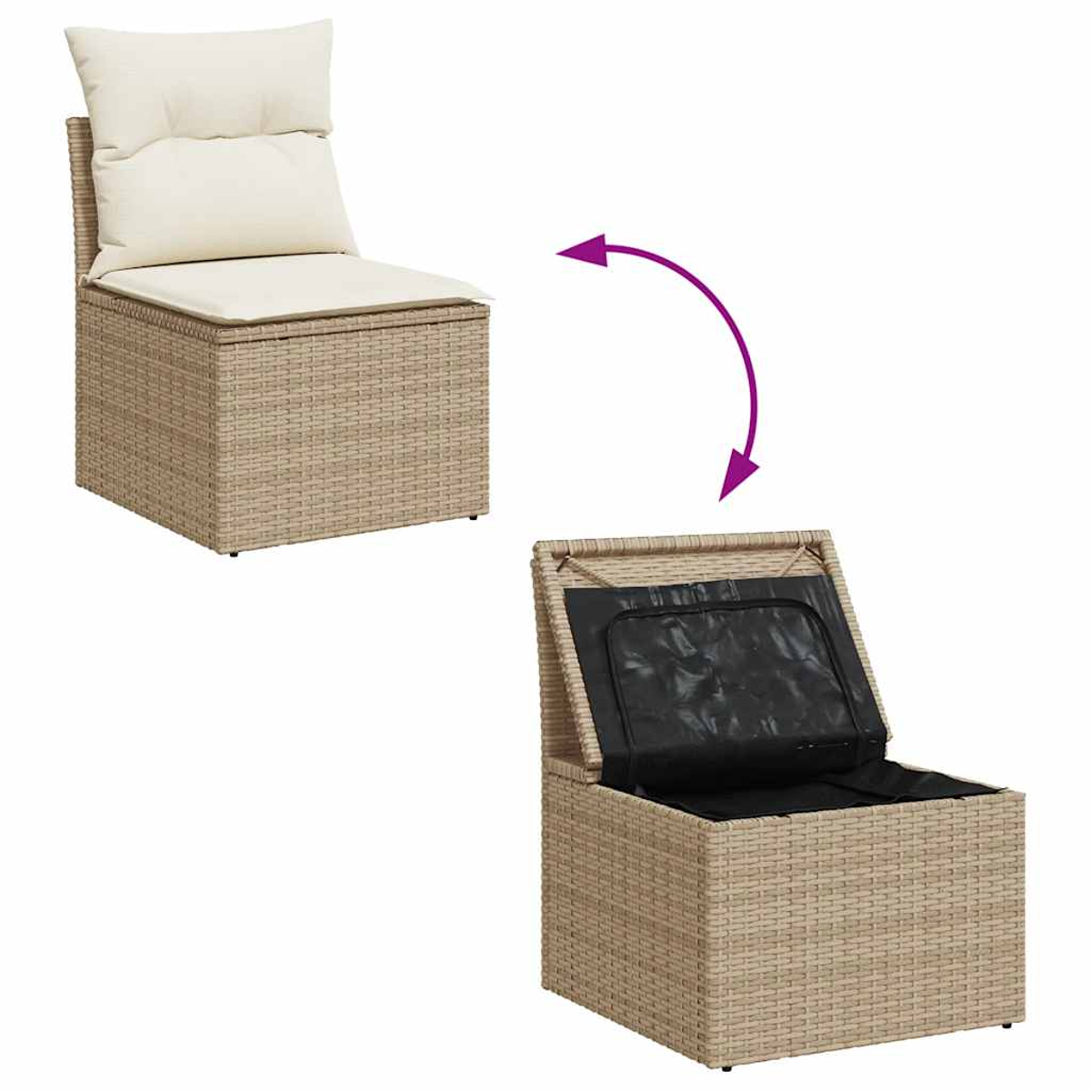 Sedia in vimini con cuscino e una sedia contenitore con il coperchio aperto, che mostra l'interno nero.