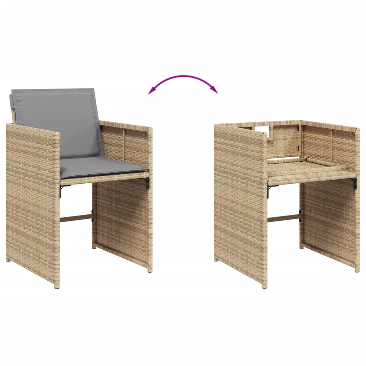 Rattan-Stuhl, der sich in eine Box verwandelt, Pfeil zeigt die Änderung, beige Farbe.