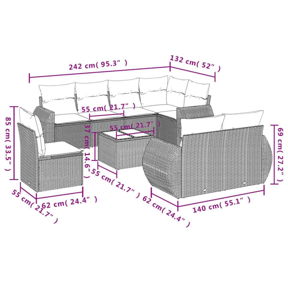 Diagramma di un set divani da esterno con dimensioni. Mobili in vimini e cuscini.