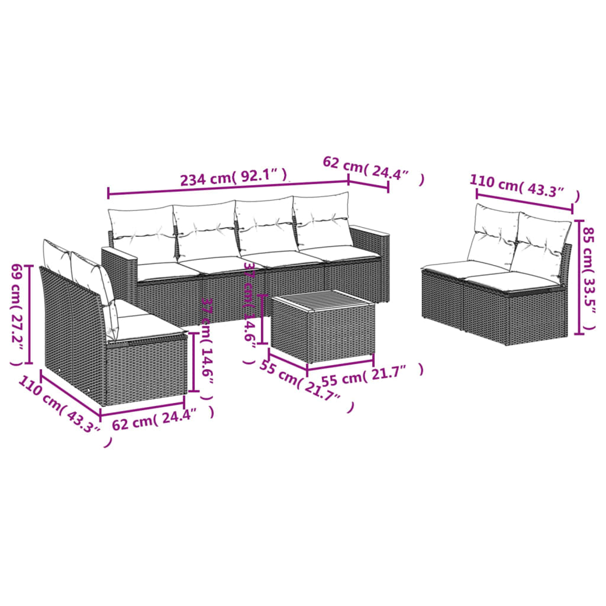 Juego de muebles de exterior de mimbre. Incluye un sofá, una silla y una mesa cuadrada. Se muestran las dimensiones.