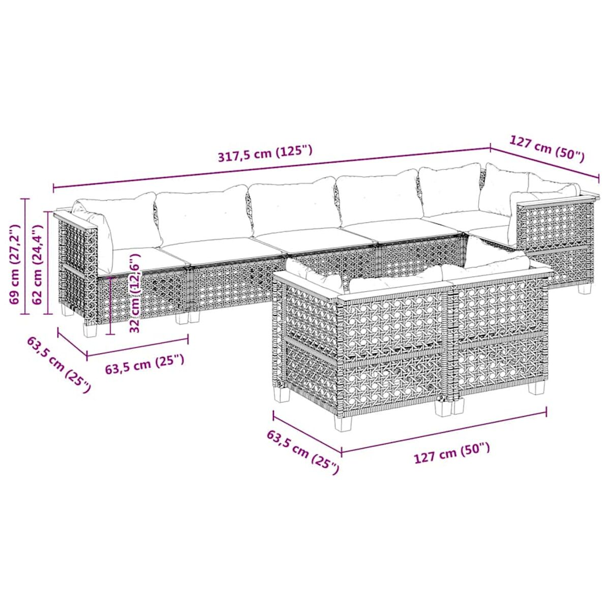 Set divani in rattan da esterno con dimensioni. Include divano componibile e tavolo abbinato. Cuscini bianchi.