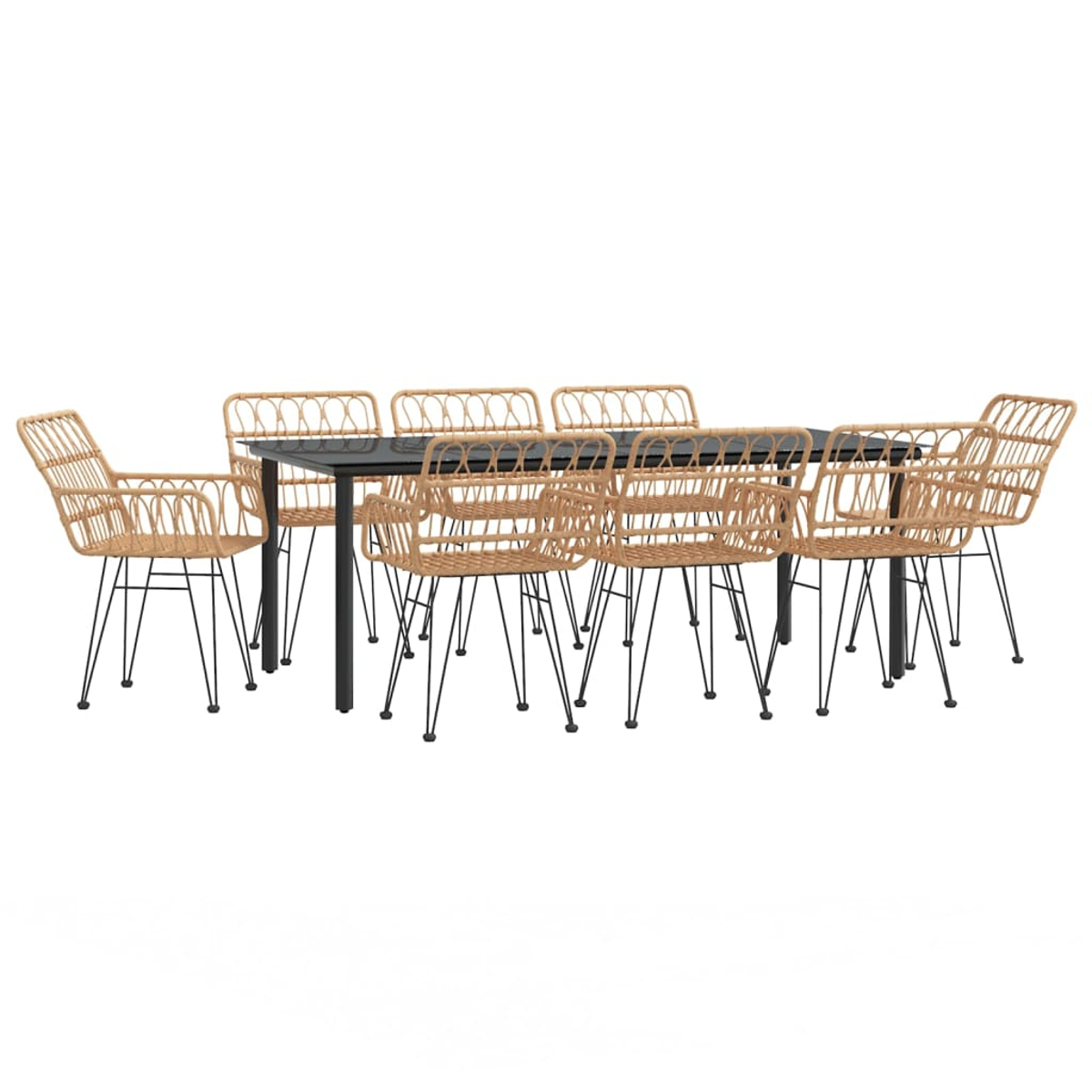 Esszimmertisch-Set mit acht Stühlen und einem schwarzen Tisch, isoliert auf weißem Hintergrund.