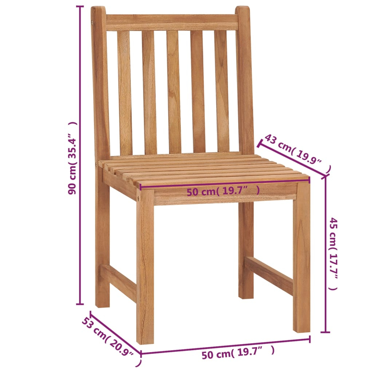 Diagramm eines Holzstuhls mit Maßangaben in Zentimetern und Zoll.