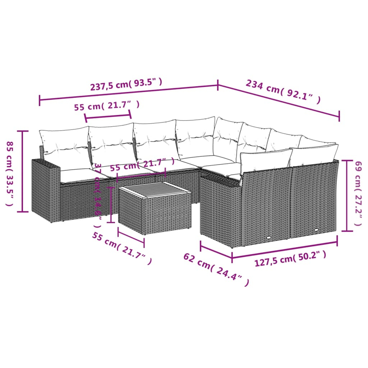 Outdoor-Ecksofa aus Rattan, Abmessungen beschriftet, weißer Hintergrund.