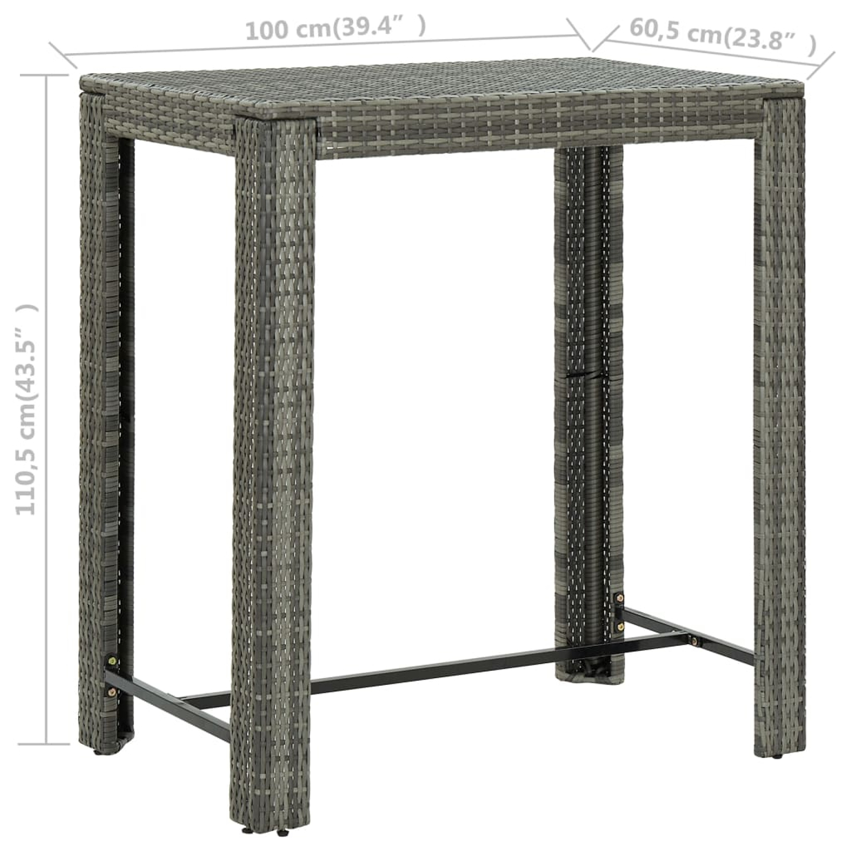 Ein grauer, gewebter Outdoor-Bartisch mit beschrifteten Abmessungen, vor weißem Hintergrund.