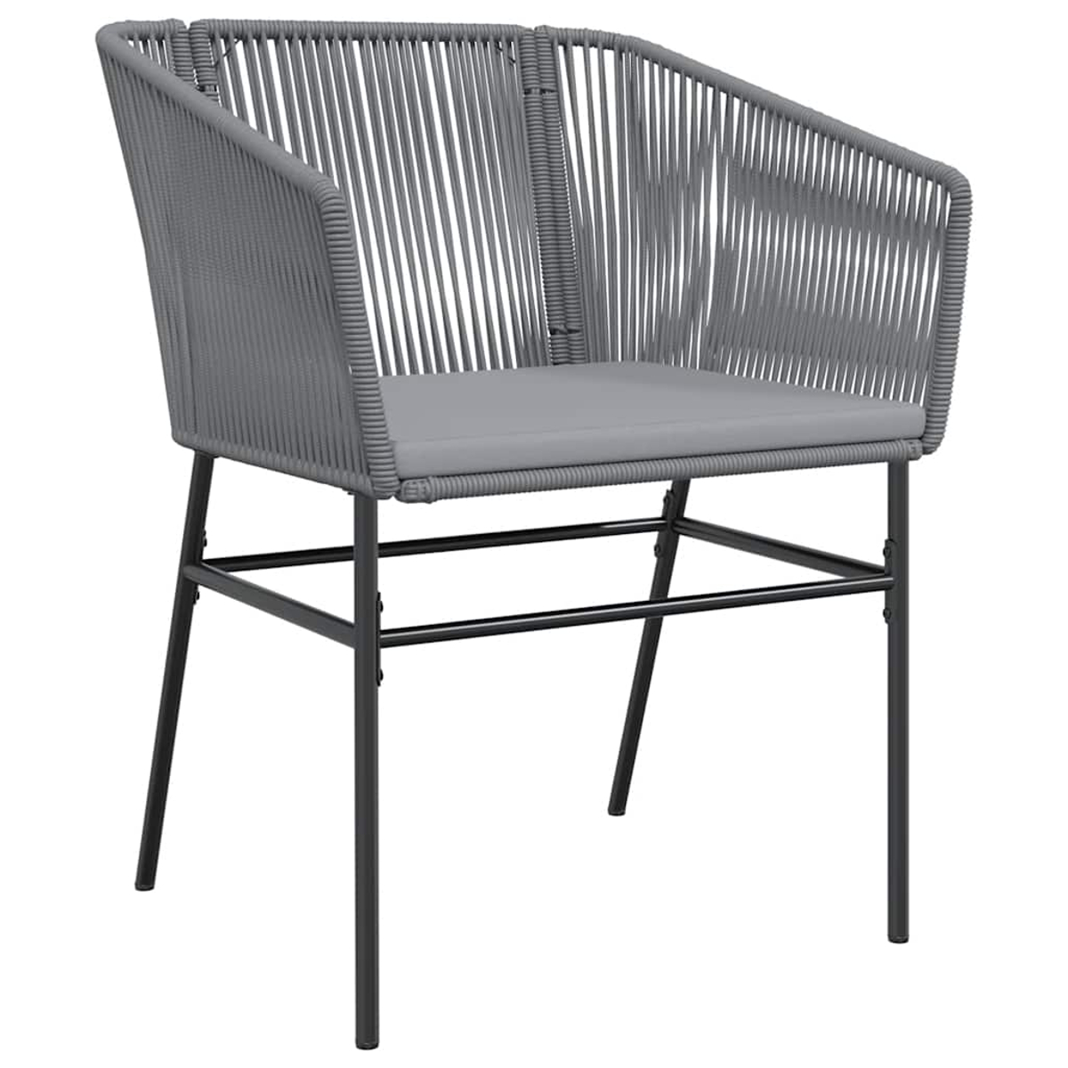 Sedia grigia da esterno con un design intrecciato. Ha un cuscino grigio e gambe in metallo nero.