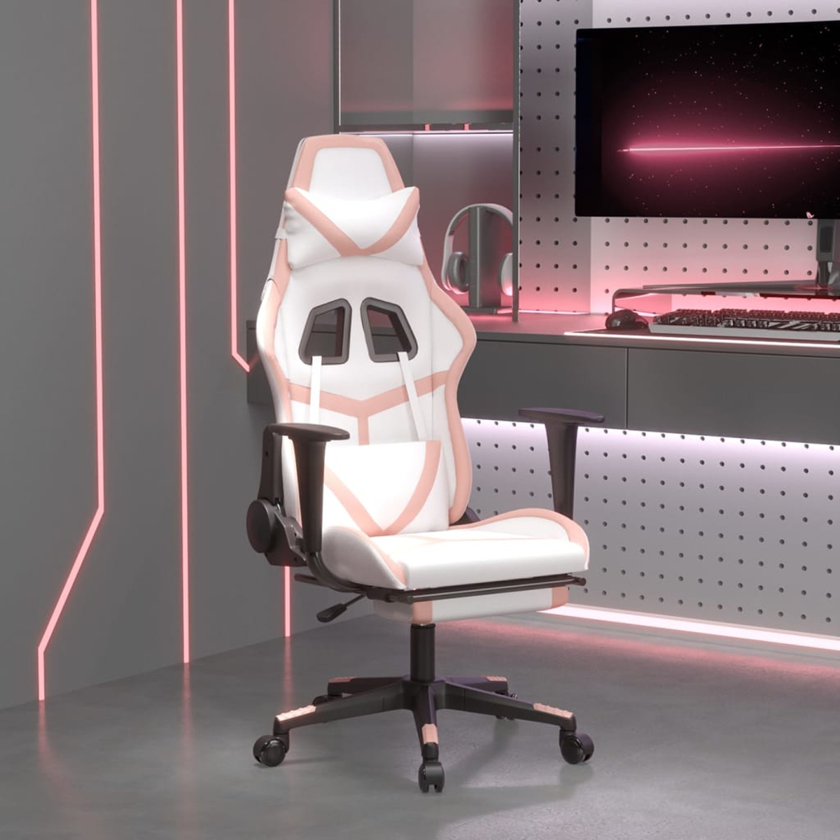 Gaming-Stuhl. Weiß, Rosa und Schwarz. Es befindet sich in einem Raum mit einem Computer-Setup.