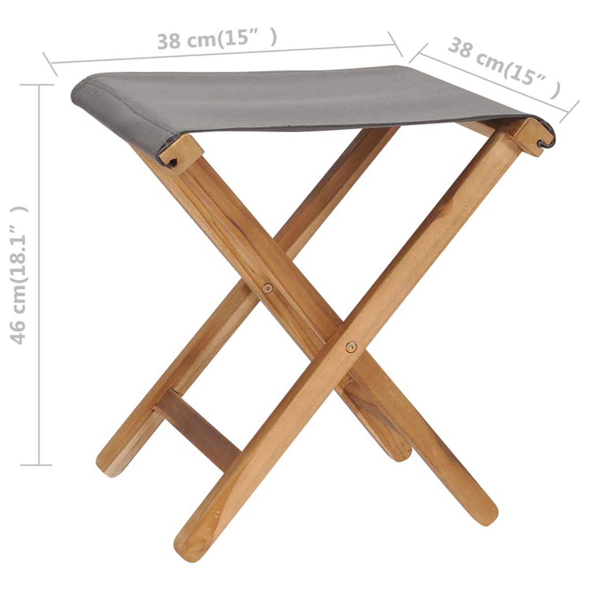 Ein zusammenklappbarer Holzschemel mit grauem Sitz. Abmessungen werden angezeigt.