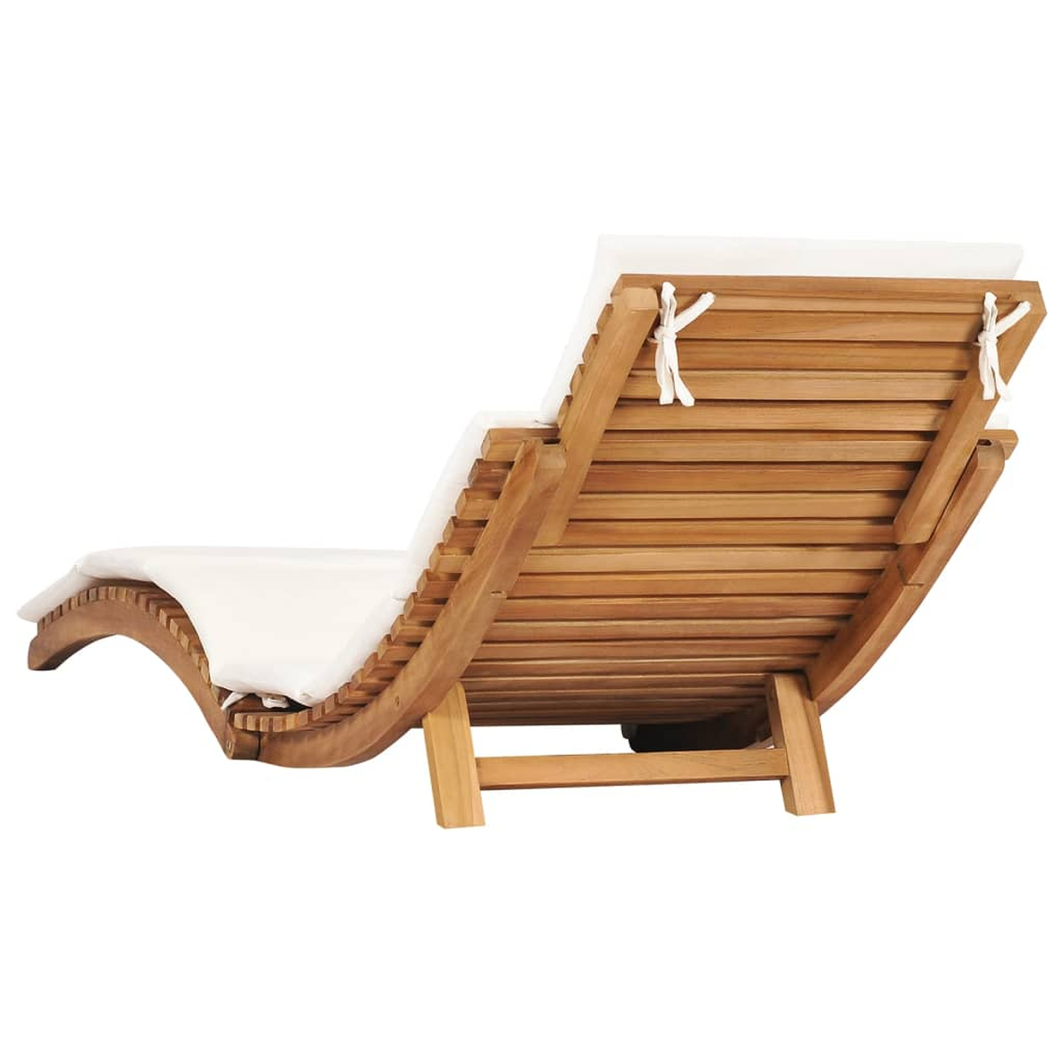 Holz-Chaiselongue mit weißem Kissen. Von hinten betrachtet, nach oben abgewinkelt.