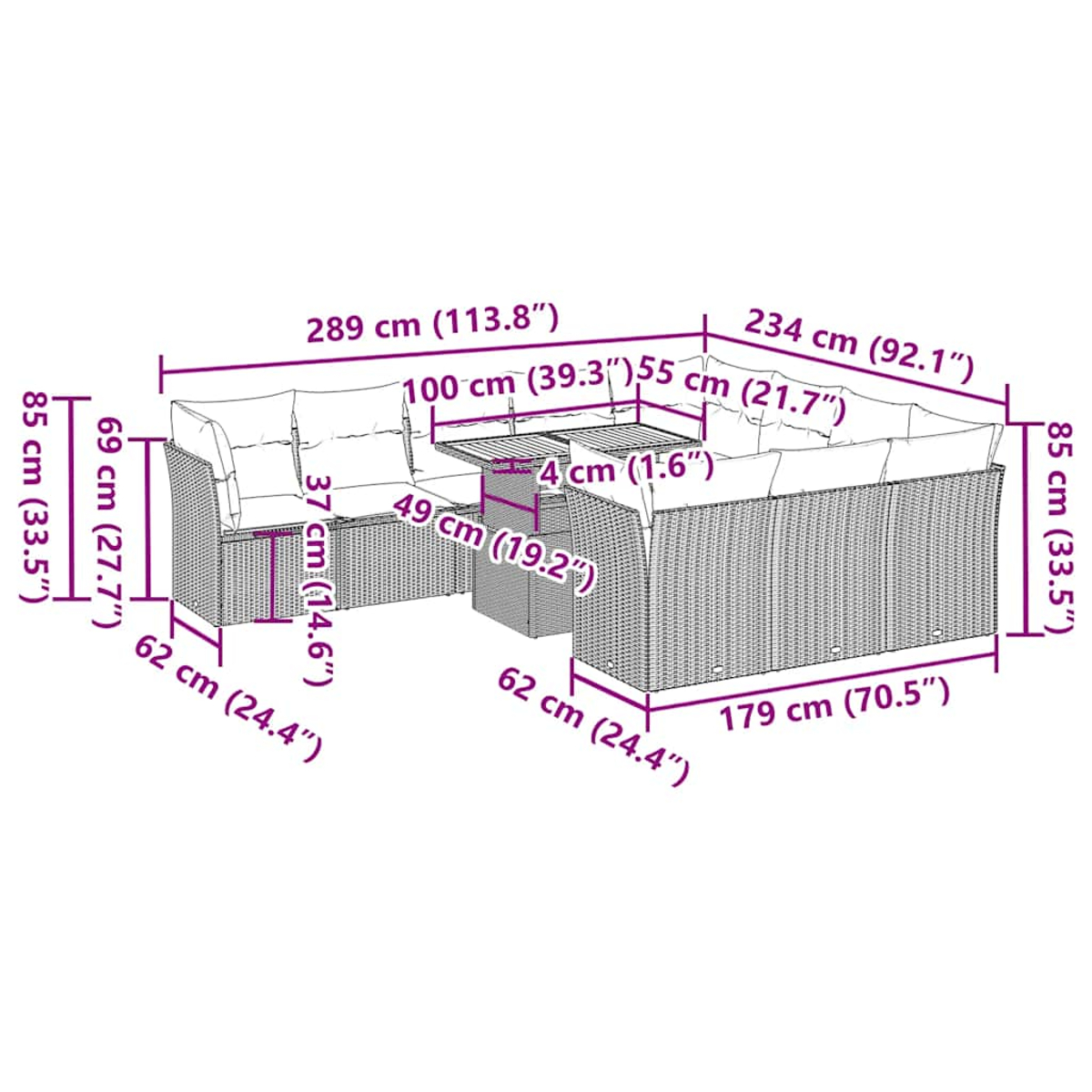 Diagramma di un grande divano modulare da esterno con dimensioni in cm e pollici, sfondo bianco.