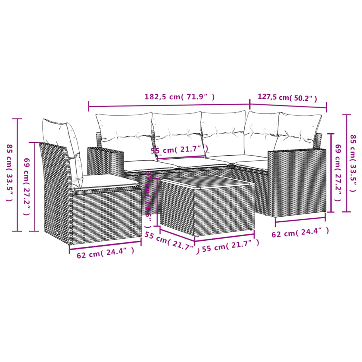 Ein Diagramm zeigt ein Rattansofa und ein Ottoman, mit Abmessungen in Zentimetern.
