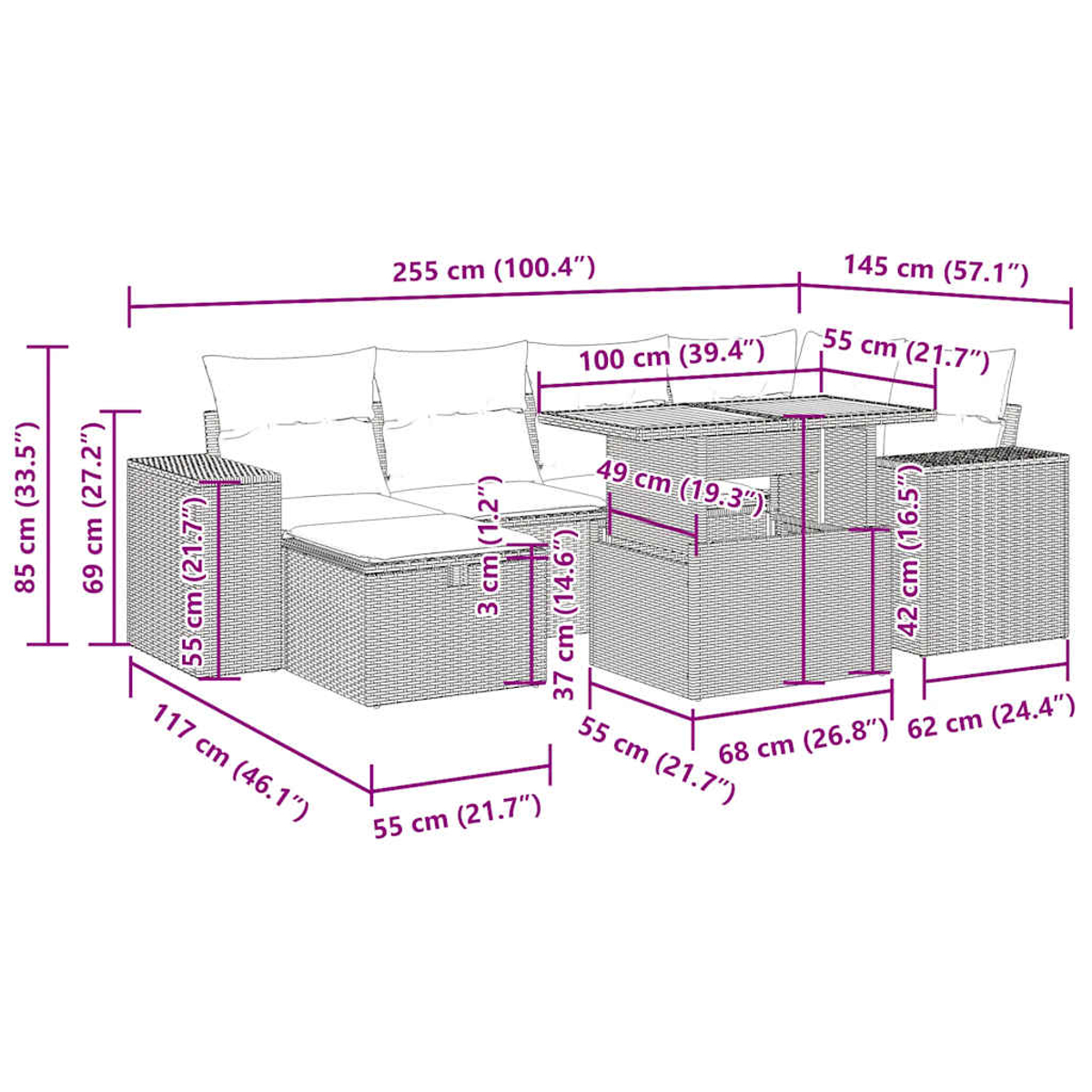 Set per patio esterno con dimensioni etichettate, tra cui un divano e un tavolino.