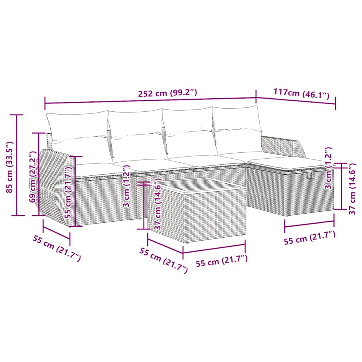Diagramma che mostra un divano componibile con dimensioni. Il divano è grigio, con cuscini bianchi. Sfondo bianco.